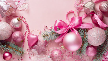 pink christmas decorations on a pink background generative aiの素材