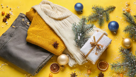 stylish winter clothes and christmas decor on yellow backgroundの素材
