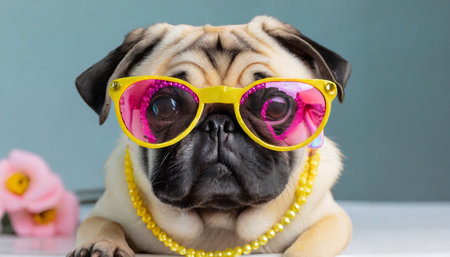 pug dog is wearing pink and yellow sunglasses in style of eye catching resin jewelry generative aiの素材