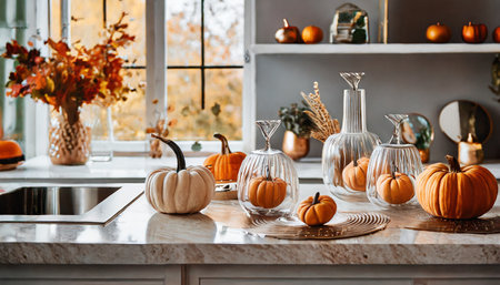 glass pumpkins kitchen table countertop fall autumn interior home decor seasonal decoration trendyの素材
