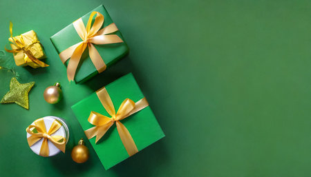 banner with green gift box with ribbon and bow for man and boy on green background holiday gift with birthday or christmas present flat lay top view father s day copy space generated by aiの素材