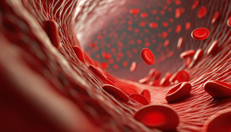 3d rendering of red blood cells in vein with depth of field a 3d rendering of a blood vessel with blood cells flowing in one direction ai generatedの素材