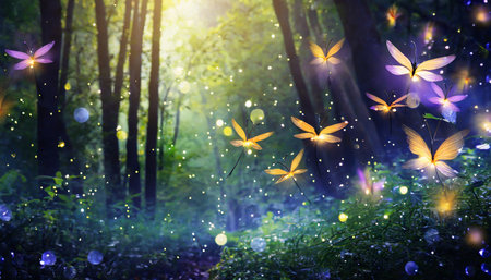 abstract and magical image of firefly flying in the night forest fairy tale conceptの素材