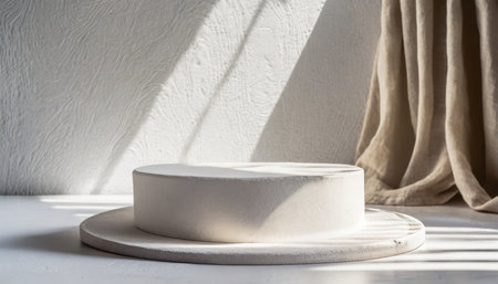 blank white textured plaster wall and podium stage backdrop with soft abstract sun light shadow and linen beige fabric neutral lifestyle brand product showcase mock upの素材