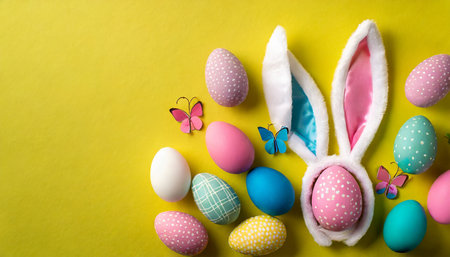 easter celebration concept top view vertical photo of colorful easter eggs and easter bunny ears on yellow background with empty spaceの素材
