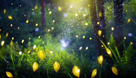 abstract and magical image of firefly flying in the night forest fairy tale conceptの素材
