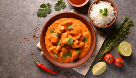 chicken tikka masala spicy curry meat food with rice in a clay plate on background for menu top down view view from above traditional food generative aiの素材