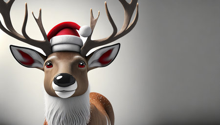 3d illustration of reindeer with red nose and santa hat against white backdropの素材