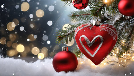 red christmas ornaments heart and ball on the xmas tree on glitter bokeh background with twinkle lights merry christmas card winter holiday theme happy new year space for textの素材