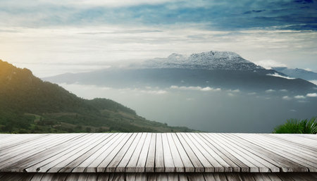 wooden terrace the blurred and christmas background wood white table top perspective in front of natural in the sky with light and mountain blur background image for product display generative aiの素材