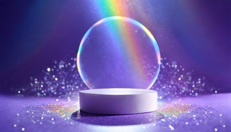 abstract minimal scene empty stage circle podium on purple background with rainbow crystal light refraction sparkles pedestal for cosmetic product and packaging mockups display presentationの素材