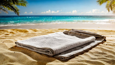 towel on sand and beach backgroundの素材