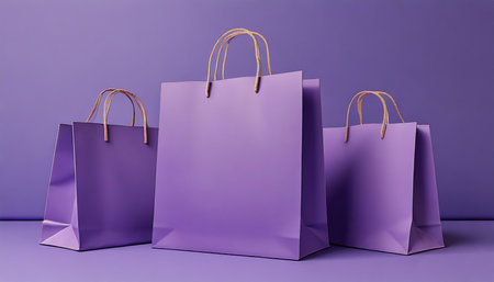 mock up of a blank purple shopping bag on purple background fashion product sale 3d illustrationの素材