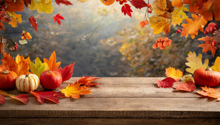 autumn background with wooden table and colored fall leaves composition with copy spaceの素材