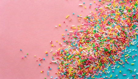 colorful sprinkles on a pink background top view with copy spaceの素材
