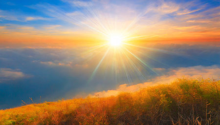 sun light and morning sunshine sky autumn sunset perspective background generative aiの素材