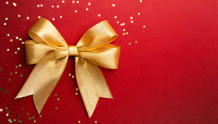 red background with golden bow on topの素材