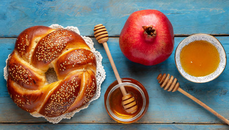 jewish holidays rosh hashanah or rosh hashana pomegranate apples honey and round challah on old wooden blue table background jewish autumn celebration shana tova yom kippur concept top viewの素材