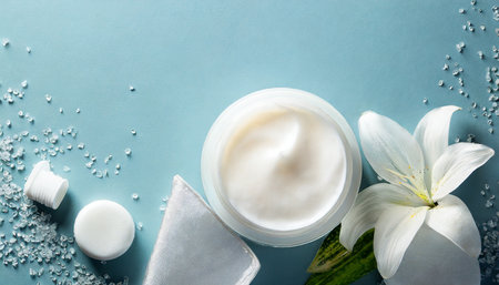 white skincare cleansing foam on light blue backgroundの素材