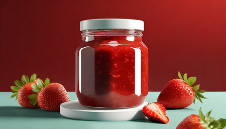 jar jam display sweet product red background strawberry fruits mockupの素材