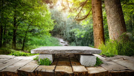 old wood and stone bench mockup forest background platformの素材