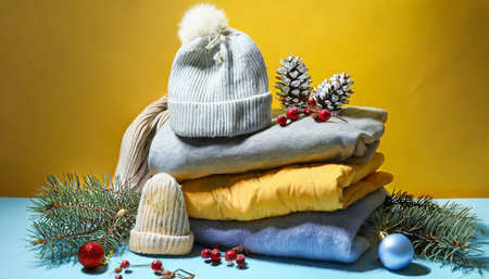 stylish winter clothes and christmas decor on yellow backgroundの素材
