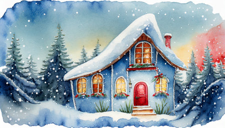 watercolor winter house on a background christmas illustration generative aiの素材