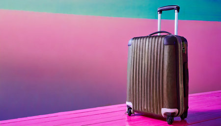 suitcase adventure travel holiday or vacation concept pink landscape background empty space for designの素材