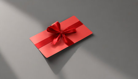 blank red gift card or gift voucher with red ribbon bow on gray background with shadow minimal conceptual 3d renderingの素材