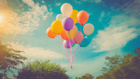 colorful balloons flying on sky with a retro vintage filter effect the concept of happy birthday in summer and wedding honeymoon party usage for background vintage color toneの素材