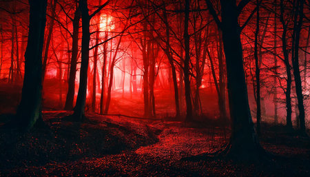 horror forest scene red light in scary night landscapeの素材
