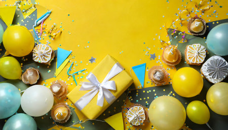 flat lay composition with birthday decor on yellow background space for textの素材