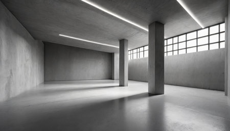 abstract empty modern concrete room with indirect lighting from right with diagonal pillar and rough floor industrial interior background templateの素材