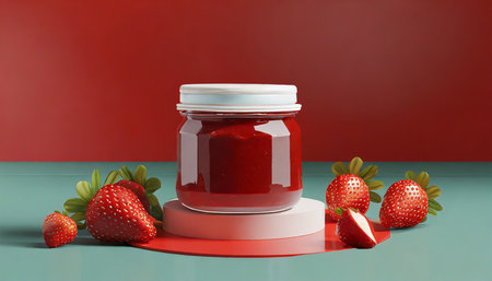 jar jam display sweet product red background strawberry fruits mockupの素材