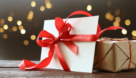 blank for a greeting card gift card wrapped in red ribbon christmas new year or birthday gift blank for a greeting cardの素材
