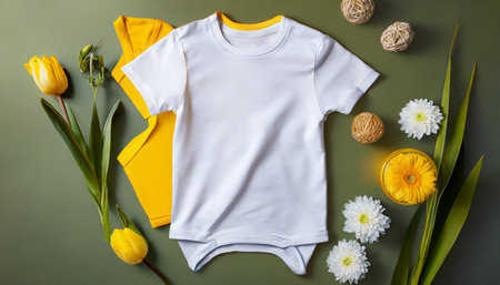 white kids t shirt mockup flat lay top viewの素材