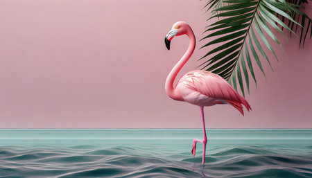 pink flamingo and palm tree on pink summer background 3d rendering 3d illustrationの素材