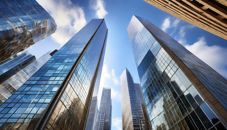 reflective skyscraper business office buildings bottom up view of big modern city urban landscape ai generativeの素材
