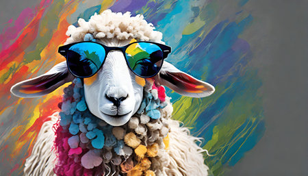 abstract of fashion style sheep wearing sunglasses portrait on clean background sheep fur multi colored colorful on skin body and hairs paint with generative aiの素材