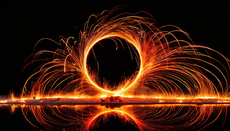 pure circle fire with sparks abstract fire ring of fire flame fireworks burning sparking fire circle pattern or cold fire or fireworks in black backgroundの素材