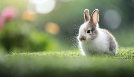 cute little rabbit on green grass with natural bokeh as background during spring young adorable bunny playing in garden lovrely pet at parkの素材