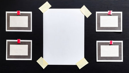 handcopy medium format paper sheet with empty frames fixed by sticker tape on black background cool photo placeholderの素材