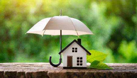 house with umbrella on green background home insurance concept generative aiの素材