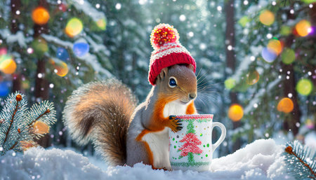 a cheerful cute squirrel in a knitted hat drinks cocoa from a cup against the background of a winter forest with fir trees snow and colorful lights postcard for the new year holidays generative aiの素材