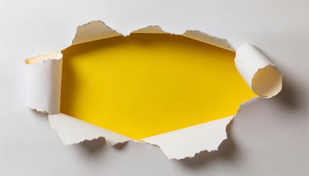 torn hole in the white wall of paper on a yellow backgroundの素材