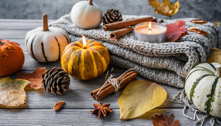 cozy autumn composition with aromatic candle pumpkins wool sweater leaves cinnamon aromatherapy on a grey fall morning home atmosphere of cosiness and relax wooden background close upの素材