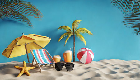 summer beach vacation scene with blue background 3d renderingの素材