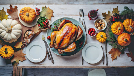 top view background of cozy dinner table set for thanksgiving with delicious roasted turkey and comfort food copy spaceの素材