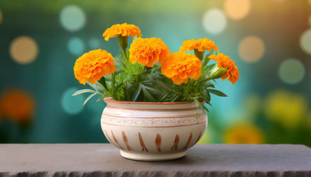 marigolds in a ceramic pot on backgroundの素材