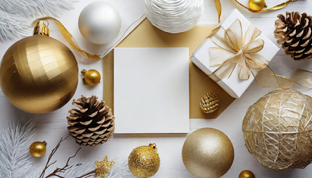 gold and white christmas flat lay mockup background product photography with presents pine cones christmas ballsの素材